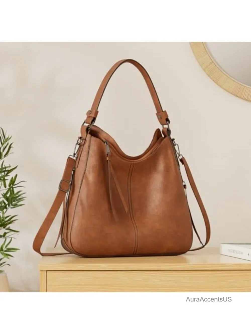 Faux Leather Hobo Crossbody Bag with Tassels, Large Capacity Purse for Women